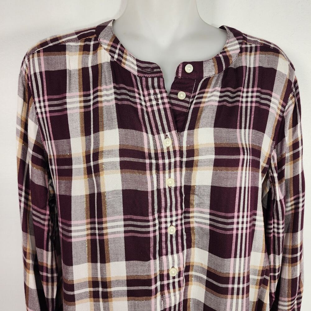 LOFT Womens Plaid Henley Popover Blouse Tunic Plum Purple Small Shimmer Relaxed - Picture 3 of 10